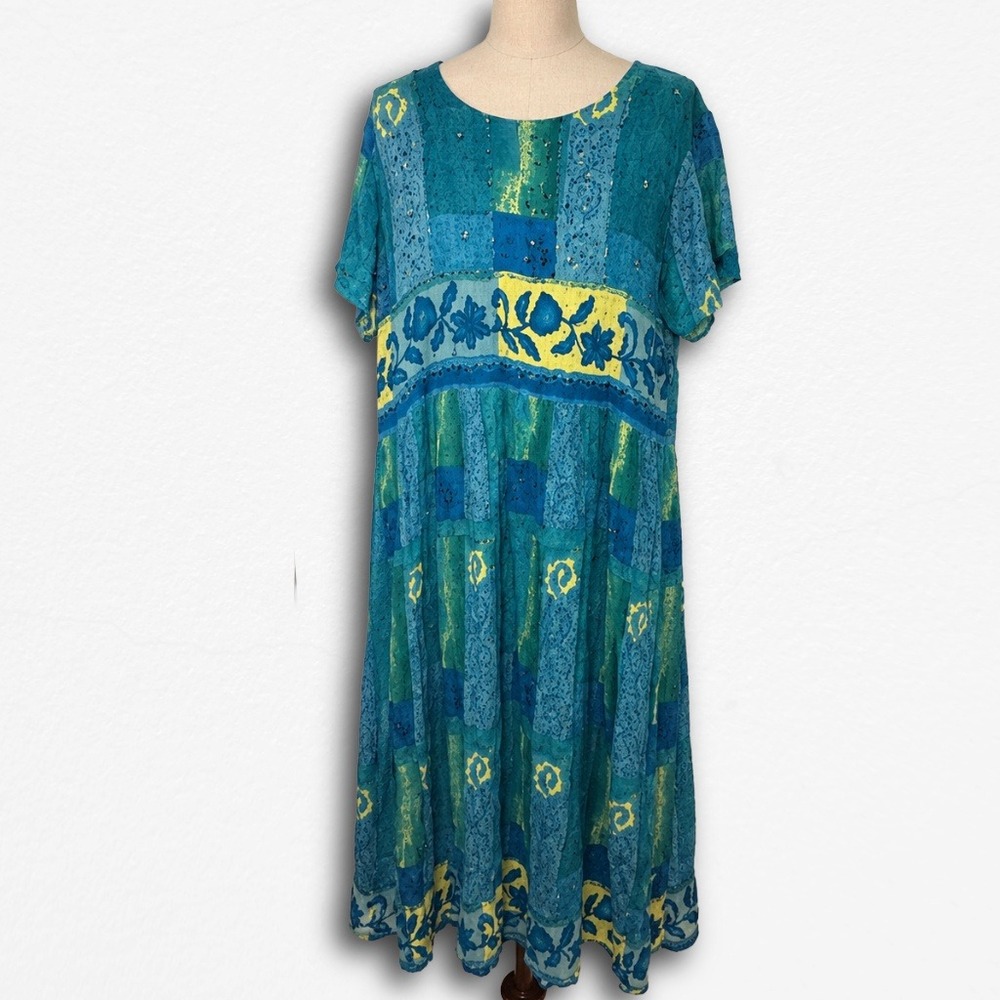 Vintage Rosey Tomato Beaded Patchwork Maxi Dress Womens 2X Blue Teal Y2K Rayon